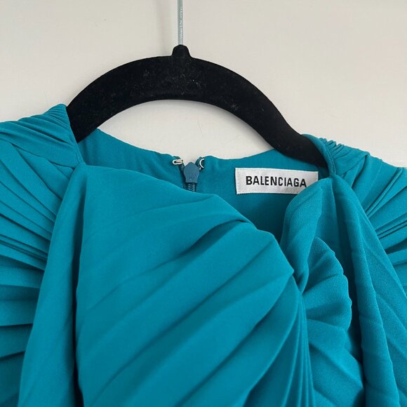 NWT Balenciaga Plisse Crepe Midi Dress Petrol Blue Pleated Asymmetric Flared - Picture 7 of 14